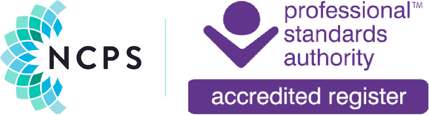 NCPS and PSA Accredited Register logos – professional therapist listed in UK government-recognised register.